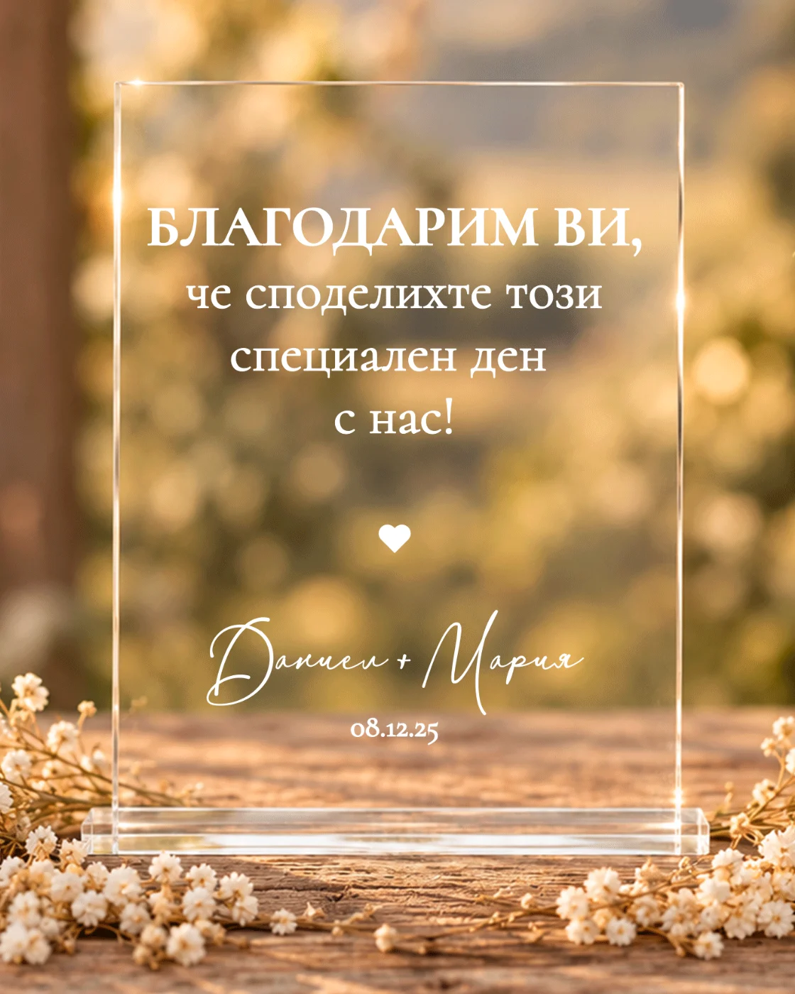 Акрилна табела „Благодарим ви, че бяхте част от нашия сватбен ден!“ - персонализирана с имена и дата