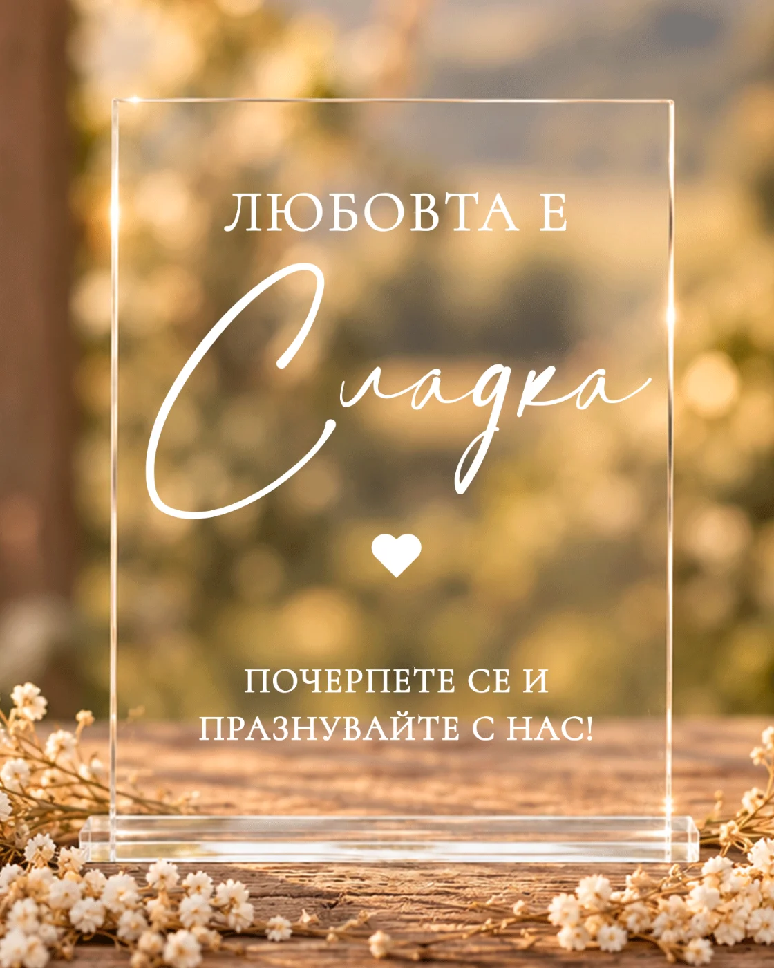 Акрилна табела „Любовта е сладка“ – табела, подканваща гостите да се почерпят на сладкия бар