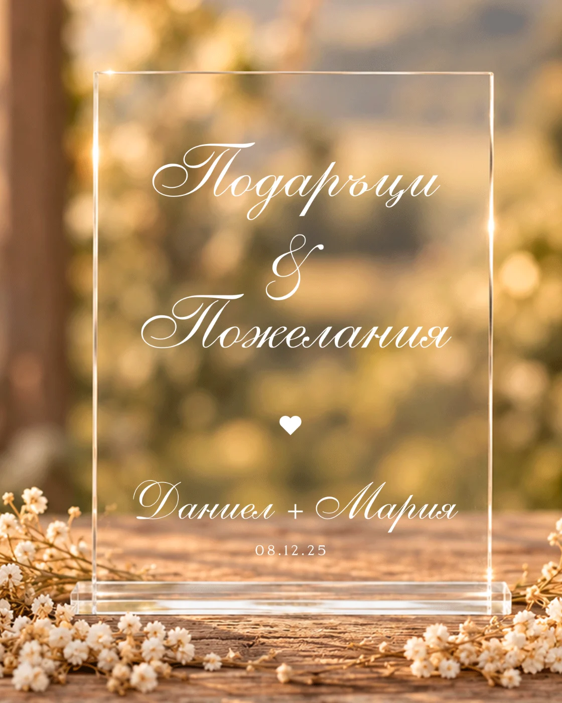 Акрилна табела „Подаръци и пожелания“ – персонализирана с имена