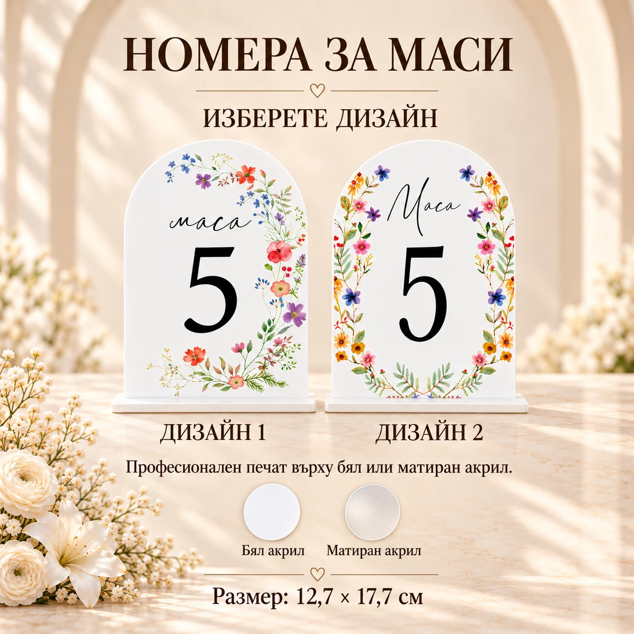 Номера за маси „Диви цветя“ – бял или матиран акрил, два дизайна – снимка 3