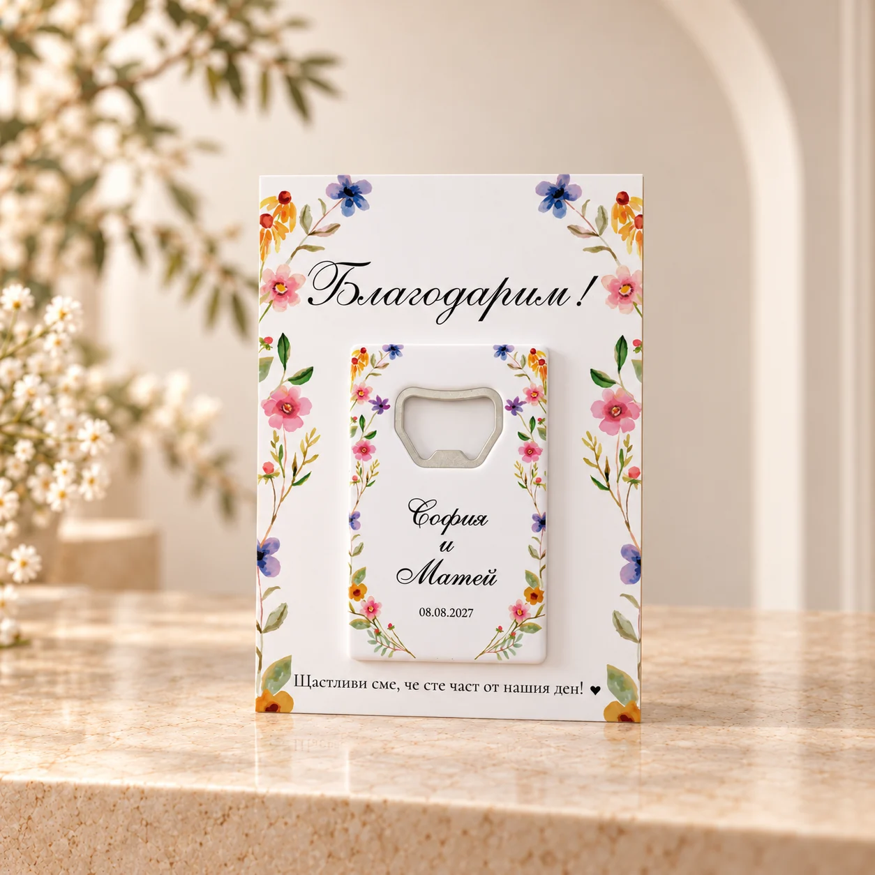 Магнитна отварачка с картичка „Флорална рамка“ — подарък за гости – снимка 10