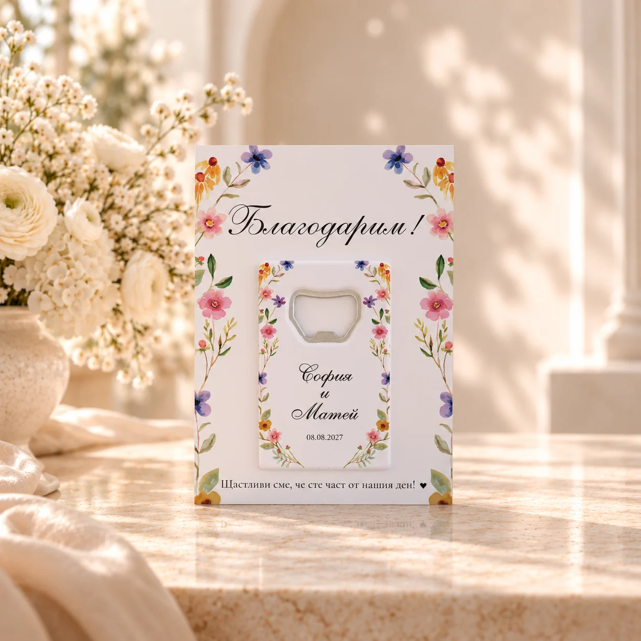 Магнитна отварачка с картичка „Флорална рамка“ — подарък за гости – снимка 13