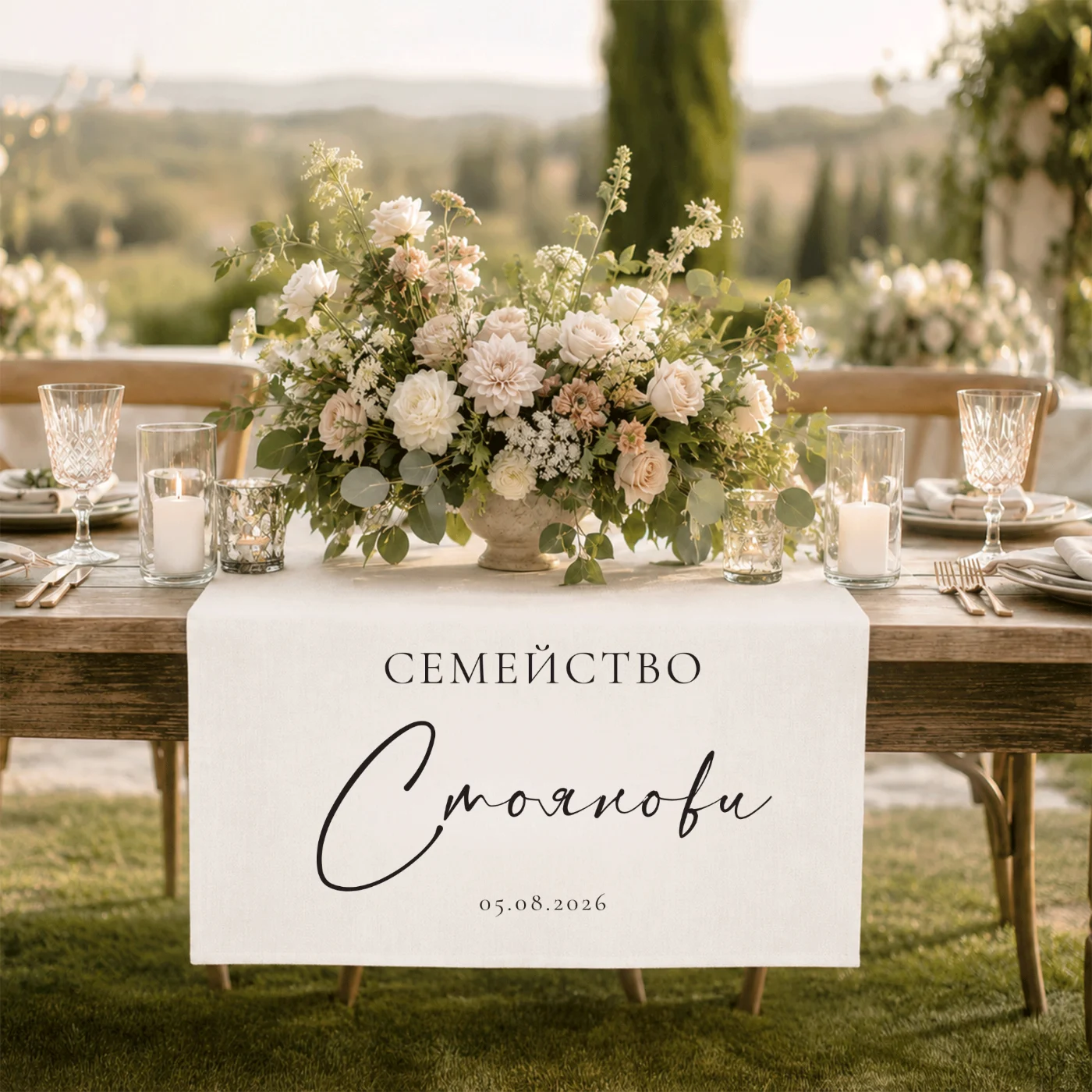 Сватбен тишлайфер от лен и памук — дизайн D7 с фамилия и дата